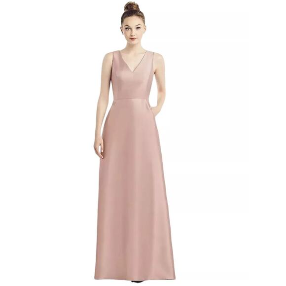 ALFRED SUNG Dresses & Skirts - Alfred Sung D778 Satin Sleeveless V-Neck Dress Toasted Sugar Pockets Size 8